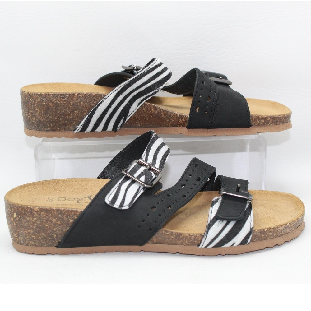 Bos & Co Womens Zebra Print Black Cork Wedge Slide Sandals Made in Italy  Size 7
